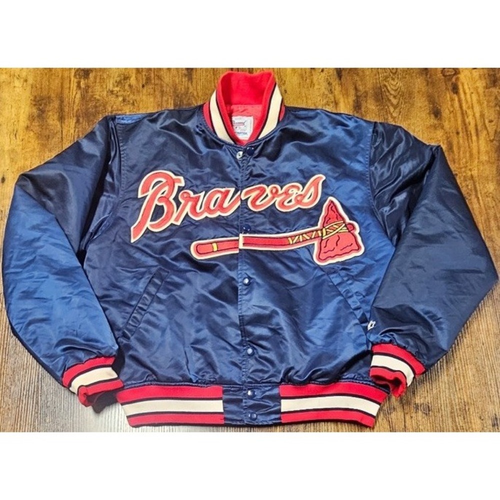 Vtg 90s MLB Atlanta Braves Blue Starter Satin Bomber Jacket Mens Large USA Made